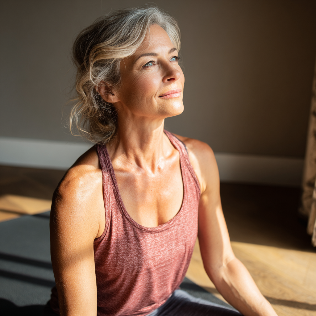 Middle-aged woman practicing gentle yoga pose on mat in natural light