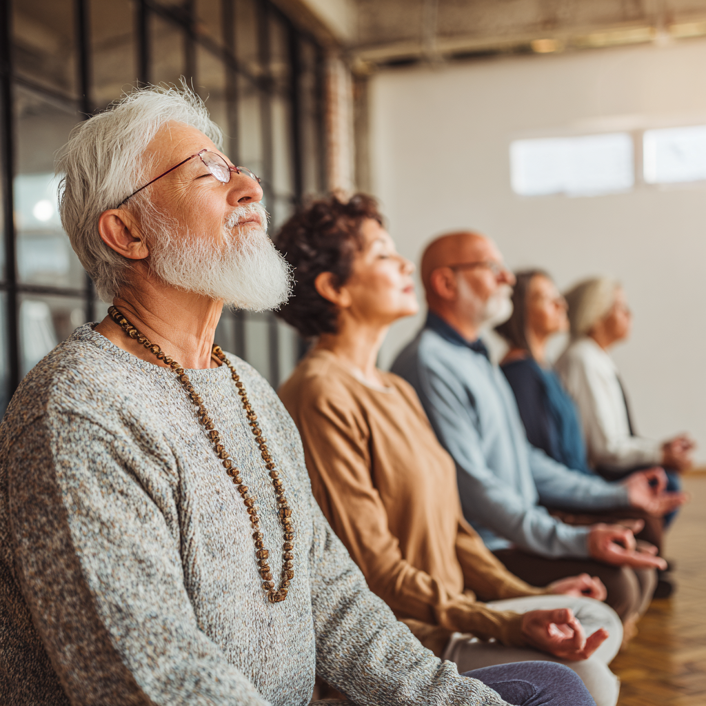 Older adults in meditation and breathing exercises session indoors